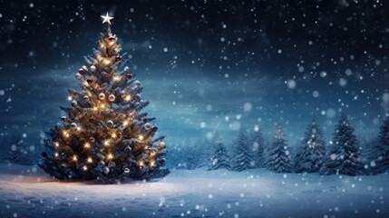 Winter Wonderland Celebration: Holiday Festive Background with Snowy Tree and Garland Lights