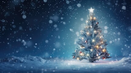 Winter Wonderland Celebration: Holiday Festive Background with Snowy Tree and Garland Lights