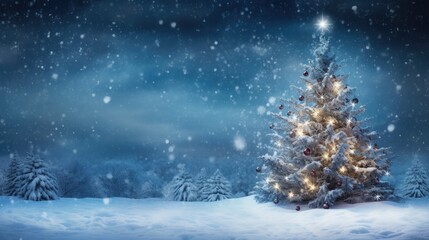 Winter Wonderland Celebration: Holiday Festive Background with Snowy Tree and Garland Lights