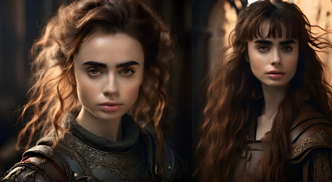 Real picture of two beautiful medieval knight girls in armor with beautiful long hair and big brown eyes