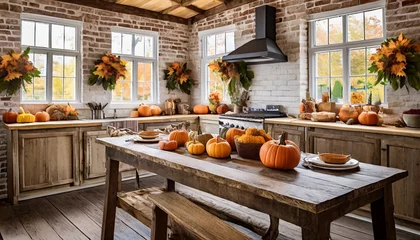 Foto op Canvas pumpkin on the table kitchen  room  ,chair,design,wood,dining,decoration,Ai generated  © Quranmeri
