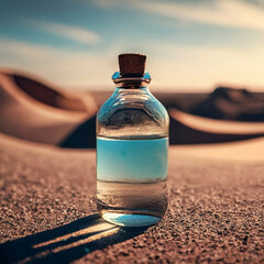 Glass bottle with water, desert landscape. 