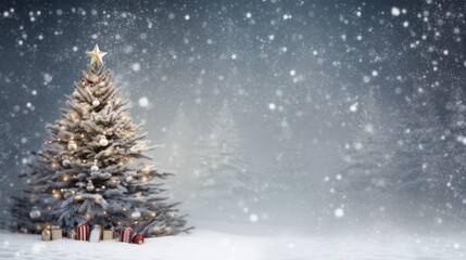 Winter Wonderland Celebration: Holiday Festive Background with Snowy Tree and Garland Lights