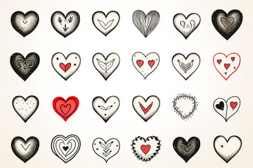 Collection of hand drawn hearts in flat style.