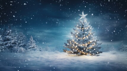 Winter Wonderland Celebration: Holiday Festive Background with Snowy Tree and Garland Lights