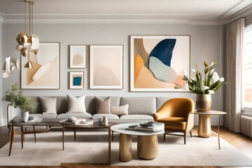 gallery wall of abstract paintings, a sculptural vase, and soft diffused light