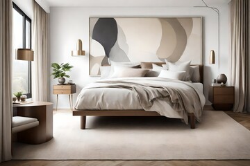 Serene bedroom with neutral tones, a neatly made bed, and a wall adorned with abstract artwork