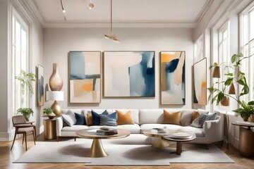 Artistic corner featuring a gallery wall of abstract paintings, a sculptural vase, and soft diffused light