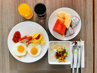 top view of the breakfast food on the desk