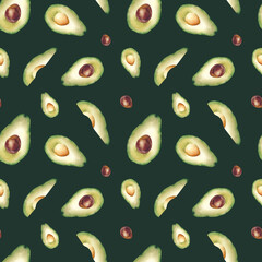 Avocado. Seamless pattern. The fruit is juicy and ripe. Watercolor illustration on a white background. Healthy eating, veganism. Logo, template, print.