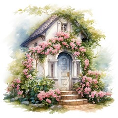 Fototapeta na wymiar watercolour cozy door with flowers on white background