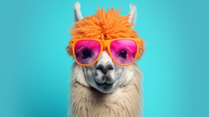 llama in stylish sunglasses: quirky commercial editorial image on solid pastel background, surreal surrealism concept