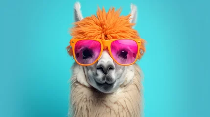 Papier Peint photo Lavable Lama llama in stylish sunglasses: quirky commercial editorial image on solid pastel background, surreal surrealism concept