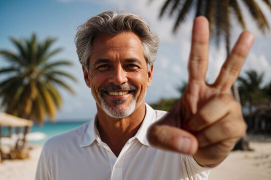 handsome middle aged man standing on a Caribbean beach with palm trees showing the peace sign