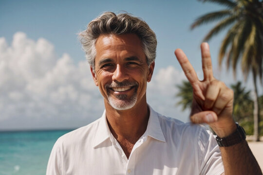 handsome middle aged man standing on a Caribbean beach with palm trees showing the peace sign