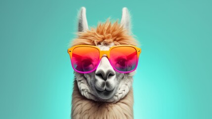 llama in stylish sunglasses: quirky commercial editorial image on solid pastel background, surreal surrealism concept