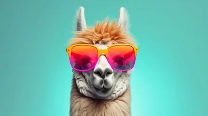 Foto op Plexiglas llama in stylish sunglasses: quirky commercial editorial image on solid pastel background, surreal surrealism concept © Ashi