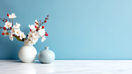 Minimalistic Interior With Marble Countertop And Vases With Flowers On A Blue Background - legal AI
 - obrazy, fototapety, plakaty