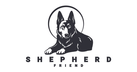 Vector monochrome shepherd dog. In a reclining position. Logo or emblem. White isolated background. A purebred dog.