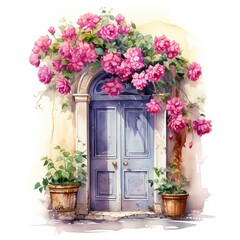 watercolour cozy door with flowers on white background