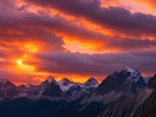 Photo A Dramatic Sunset Over A Mountain Range Generative AI