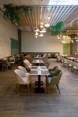 Kemer, Türkiye - September 26, 2023 Hotel Swandor Large hall in restaurant with furniture, without people. Editorial