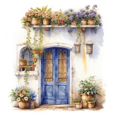 Fototapeta na wymiar watercolour cozy door with flowers on white background