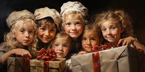Children leaning on Christmas presents in the cozy atmosphere of Christmas. Made with Generative AI.
