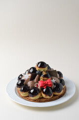 Profiterole Cake, St. Honore Cake with Christmas Decorations on Bright Background