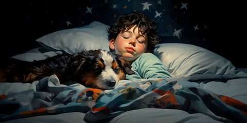 Child sleeping in his bed with his dog. Made with Generative AI.