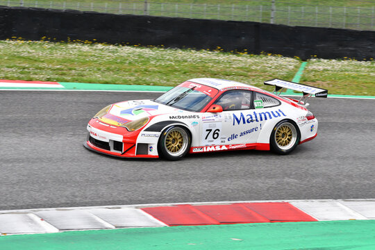 Scarperia, 2 April 2023: Porsche 996 GT3 RSR 2005 in action during Mugello Classic 2023 at Mugello Circuit in Italy.