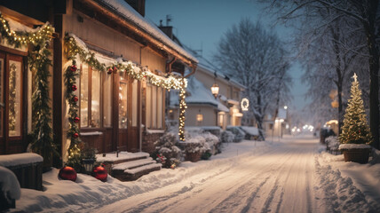 Fototapeta na wymiar snowy winter country street with christmas decorations