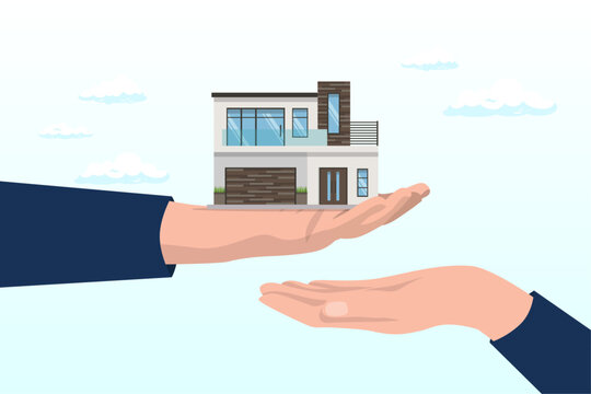 Father giving house, wealth or property to his children small hand, inherit house or real estate from parents, financial advisor on legacy planning, passing an inheritance to children (Vector)