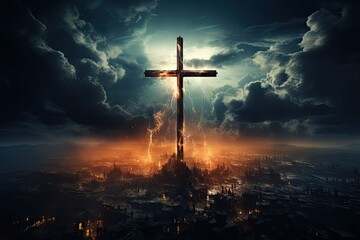 Glowing Catholic cross above the earth and surrounding clouds. Sacred and slightly surreal.by Generative AI. - obrazy, fototapety, plakaty