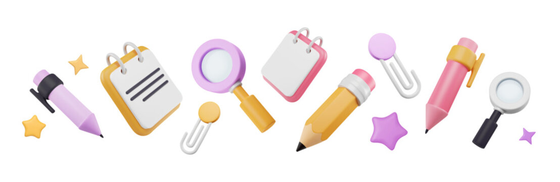 3D office supplies in border arrangement. Magnifier, document render, pen and pencil in plastic style, paper clips and volumetric stars. Vector illustration with stationery elements. School tools.