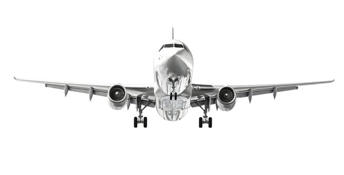Silver commercial airplane jetliner flying, 3D realistic passenger jet vehicle, png format on transparent background, Generative AI