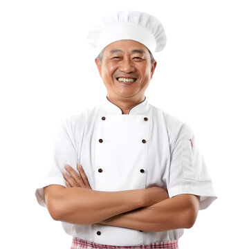 Cheerful mature Asian cook man posing and smiling at camera, chef in an apron png format on transparent background Fictional Person, Generative AI