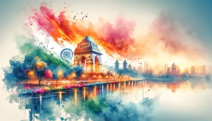 Fotobehang Watercolor painting of the republic day of india background. © Milano