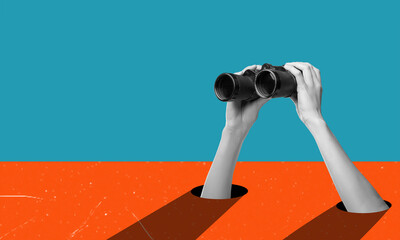 Art collage, hands holding binoculars on blue orange background.