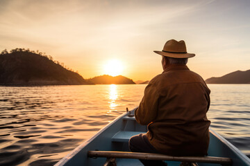 Senior fisherman in hat rowing boat at sunset on tranquil lake - obrazy, fototapety, plakaty