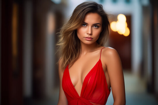 Woman in red dress posing for picture.