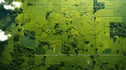 Green rice paddies in Asian countries, top view
