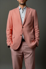Man in pink suit and tie posing for picture.