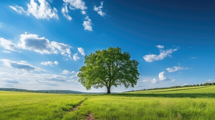 Obraz premium endless green meadow, there is one big trees