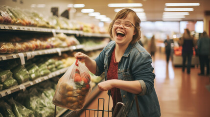 Young woman with Down syndrome is shopping at a grocery store. A woman with mental retardation independently replenishes food supplies in a supermarket. - obrazy, fototapety, plakaty