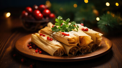 tamale A flavorful addition to the Christmas table, a beloved Mexican - obrazy, fototapety, plakaty