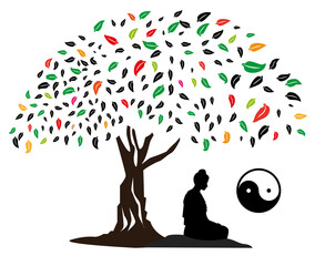 Tree whit Buddha and yin yang symbol