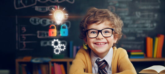 Smart kid in class, Imagination, Success, idea, and creative concept, Back to school, Brainstorming and online learning imagination innovation, studying through e-learning system.