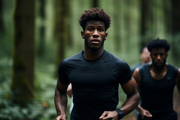 Generative ai image of happy man walking in beautiful forest running in park