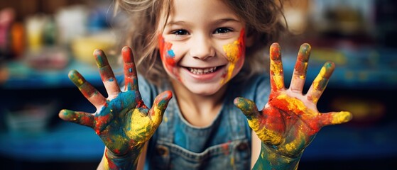 A naughty and happy little girl shows her paint-stained hands. Generative AI